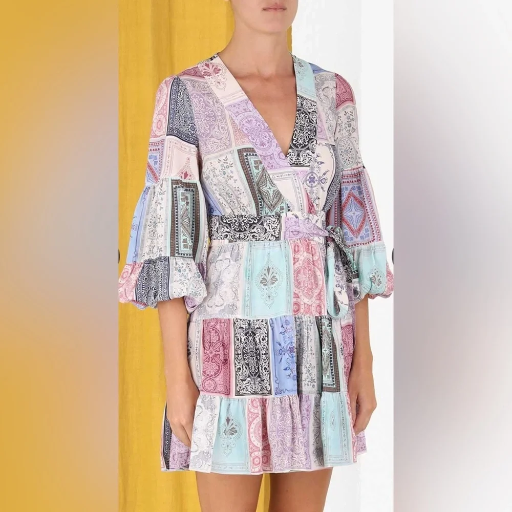 Zimmermann Wrap Mini Dress in Multi Zodiac Cards Print; Size 0 - Picture 3 of 16